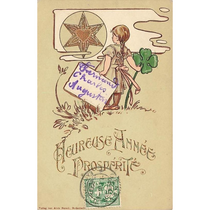 n°27174 - Carte Gaufrée - Heureuse Année Prospérité - Fillette tenant un trèfle