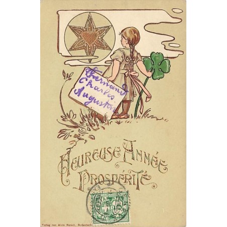 n°27174 - Carte Gaufrée - Heureuse Année Prospérité - Fillette tenant un trèfle