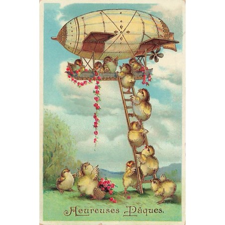 n°27175 - Carte Gaufrée - Heureuses Pâques - Poussins montant dans la nacelle d'un dirigeable