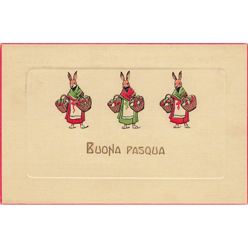 n°27177 - Carte Gaufrée - Buona Pasqua - Lièvres habillées portant des paniers remplis d'oeufs