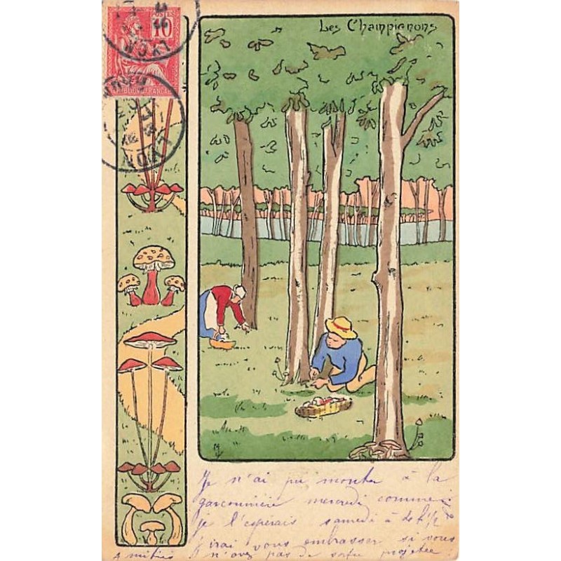 n°27182 - Fantaisie - Art Nouveau - Les Champignons - Couple cueillant des champignons