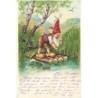 n°27190 - Fantaisie - Lutins coupant des roseaux avec une serpe sur un radeau