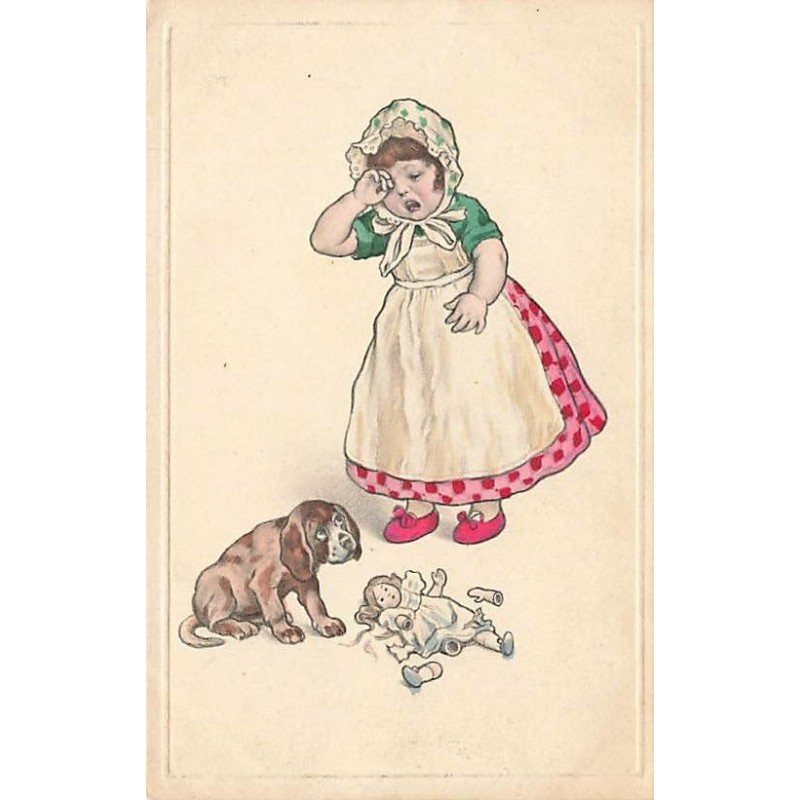 n°27193 - Fantaisie - Fillette pleurant en voyant sa poupée cassée, près d'un chien