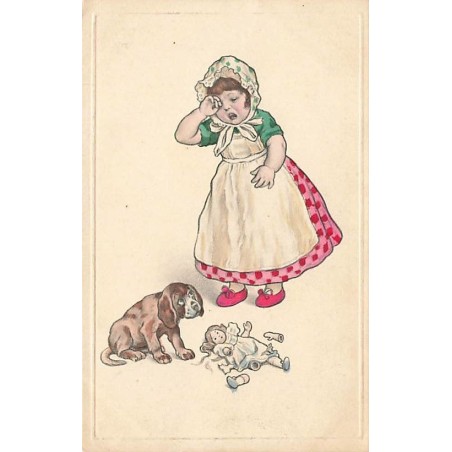 n°27193 - Fantaisie - Fillette pleurant en voyant sa poupée cassée, près d'un chien