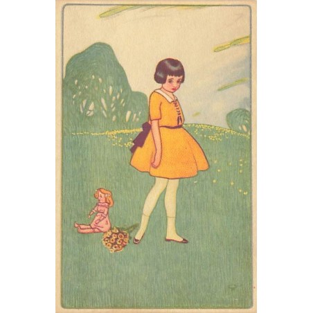 n°27194 - Fantaisie - Fillette boudant près d'une poupée assise dans l'herbe