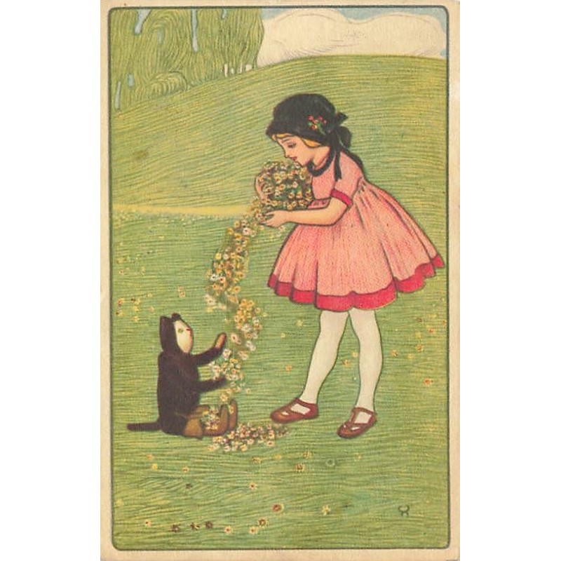 n°27195 - Fantaisie - Fillette faisant une guirlande de fleurs avec l'aide d'un chat en peluche