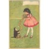 n°27195 - Fantaisie - Fillette faisant une guirlande de fleurs avec l'aide d'un chat en peluche