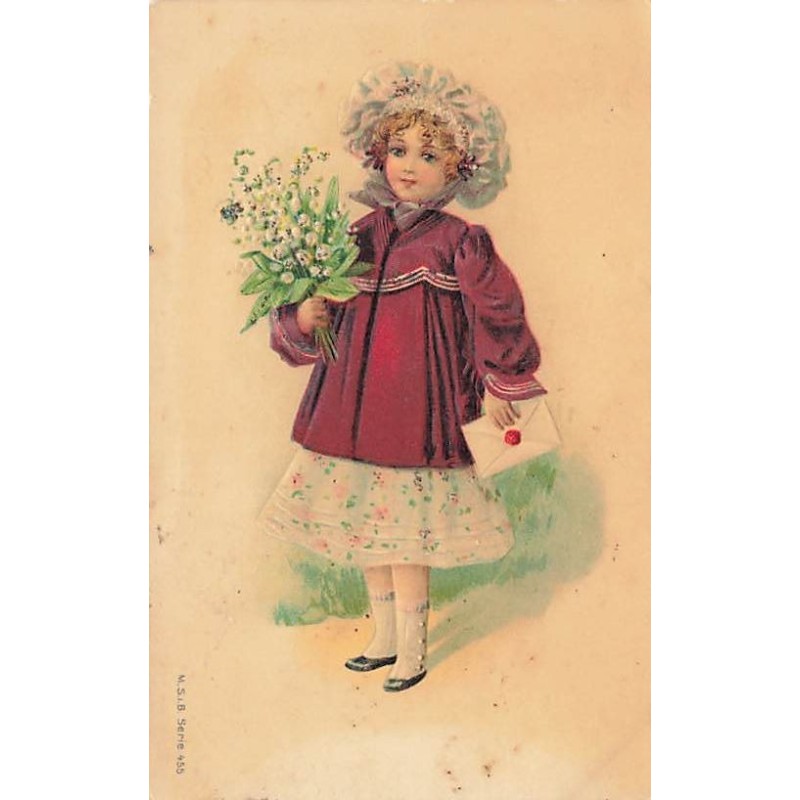 n°27197 - Carte Gaufrée - MSIB 455 - Jeune fille tenant une lettre et un bouquet de muguet