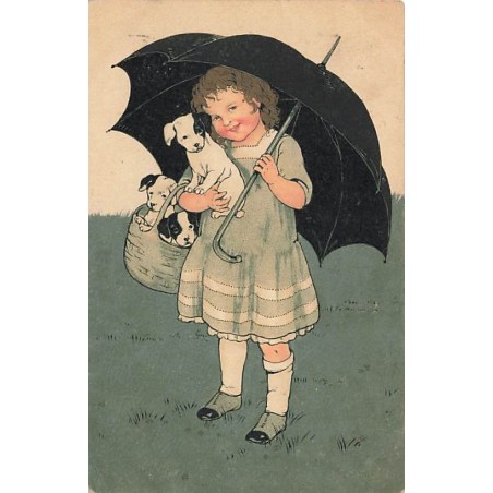 n°27198 - Fantaisie - Flatscher - Fillette portant des chiens, et se protégeant sous un parapluie