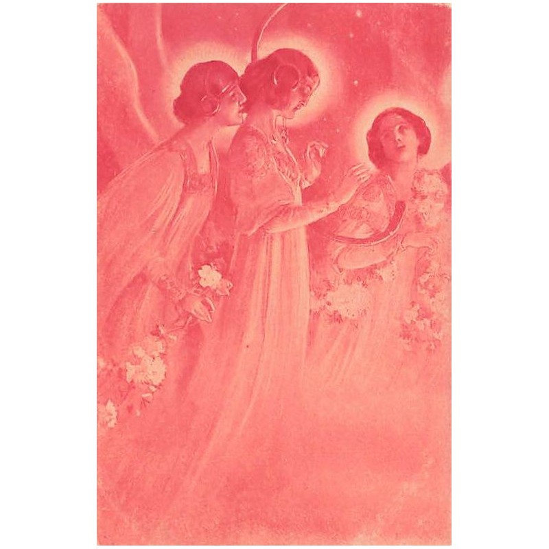 n°27199 - Fantaisie - Trois Anges Gardiens tenant une guirlande de fleurs