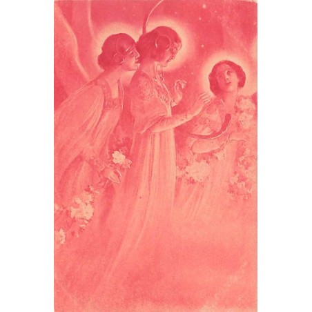 n°27199 - Fantaisie - Trois Anges Gardiens tenant une guirlande de fleurs