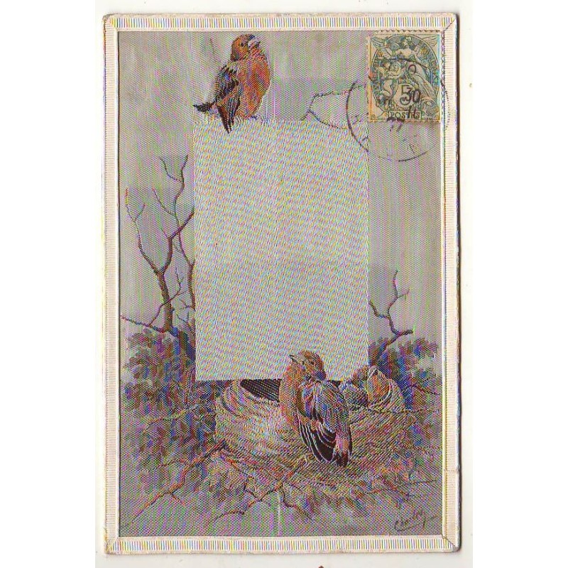n°27204 - Carte Brodée Tissée Soie - Oiseaux dans leur nid
