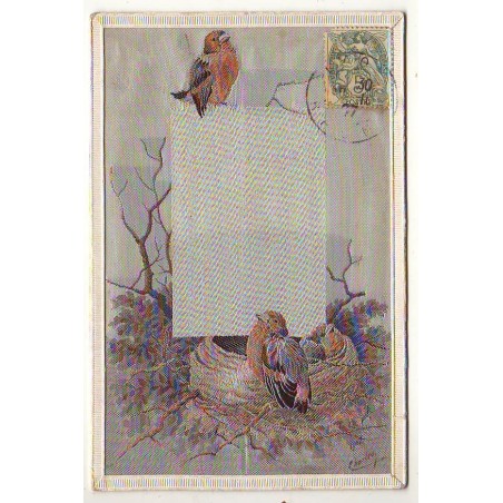 n°27204 - Carte Brodée Tissée Soie - Oiseaux dans leur nid
