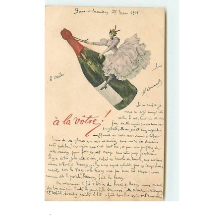 n°13008 - Surréalisme - Jeune femme chevauchant une bouteille de champagne