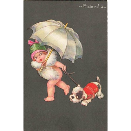 n°27206 - Illustrateur - E. Colombo - Fillette sous une ombrelle se promenant avec un chien