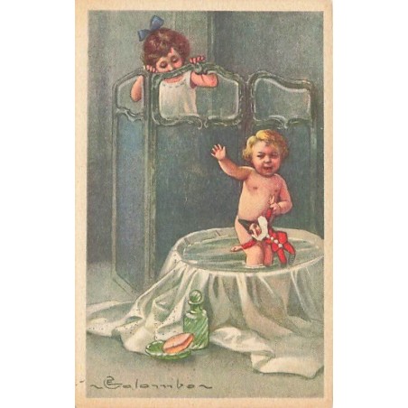 n°27207 - Illustrateur - E. Colombo - Fillette regardant une autre fillette dans son bain