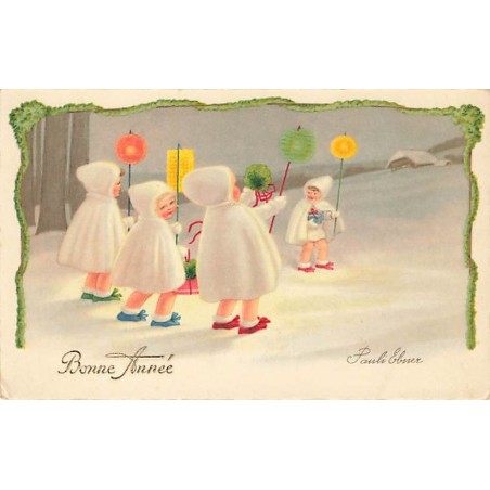 n°27210 - Illustrateur - P. Ebner - Bonne Année - Fillettes portant des lampions marchant dans la neige