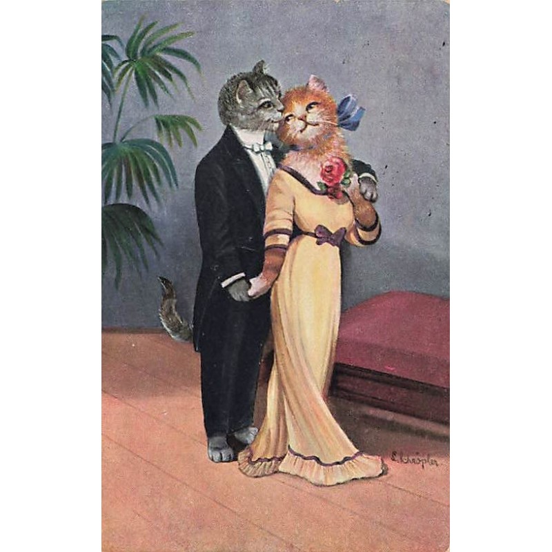 n°27212 - Schröpler - Animaux habillés - Couple de chat en tenue de soirée