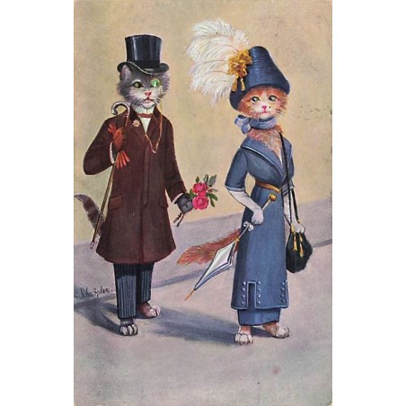 n°27213 - Schröpler - Animaux habillés - Couple de chat en tenue de ville