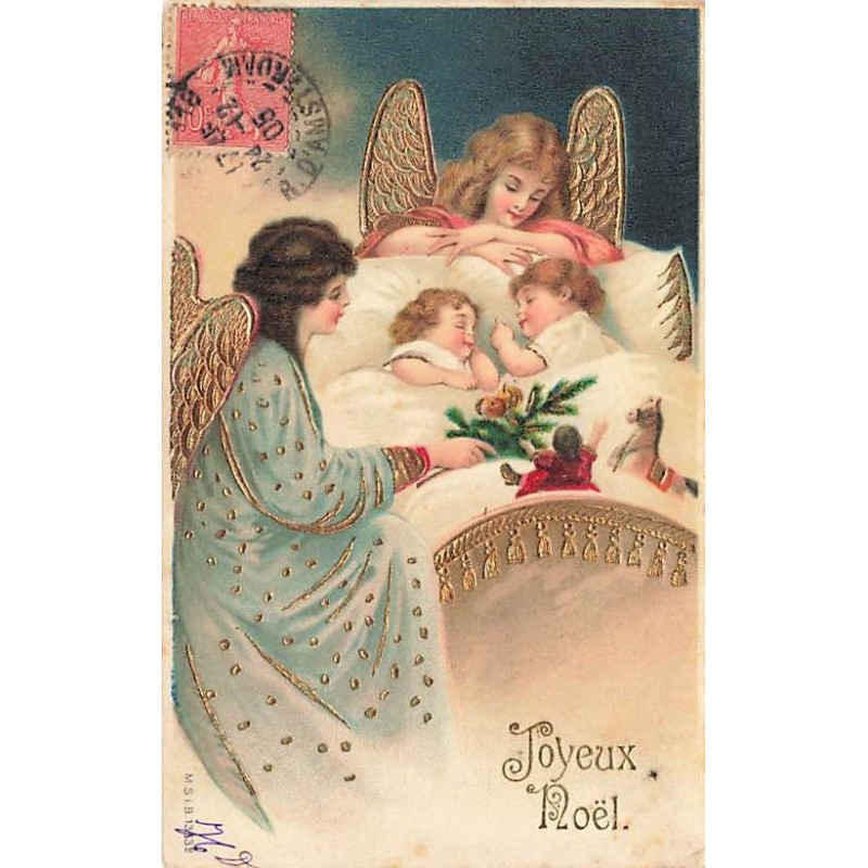 n°27223 - Carte Gaufrée - MSIB 13632 - Joyeux Noël - Anges Gardiens veillant sur des fillettes endormie