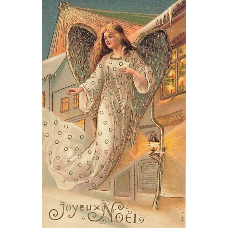 n°27224 - Carte Gaufrée - Joyeux Noël - Ange gardien dans une rue