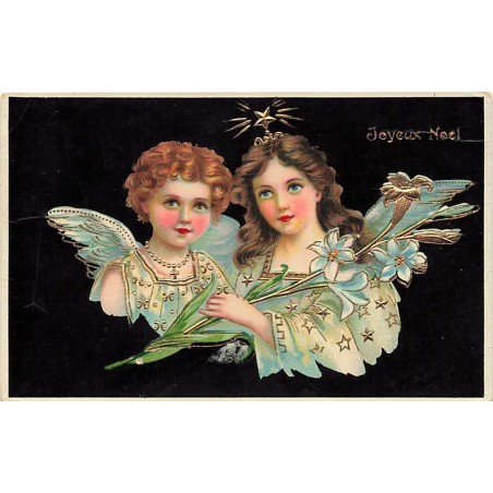 n°27226 - Carte Gaufrée - Joyeux Noël - Deux anges l'un tenant des fleurs