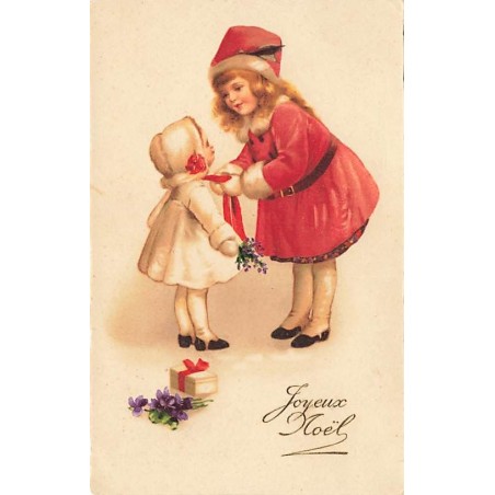 n°27227 - Clapsaddle - Joyeux Noël - Jeune fille nouant le manteau d'une fillette