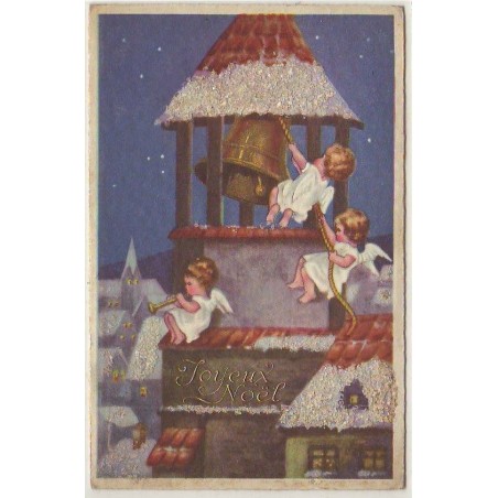 n°27228 - Carte avec Paillettes - Joyeux Noël - Anges faisant sonner une cloche