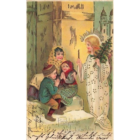 n°27230 - Carte Gaufrée - MSIB 13472 - Fröhliche Weihnachten - Ange apportant une bougie et un sapin à des enfants