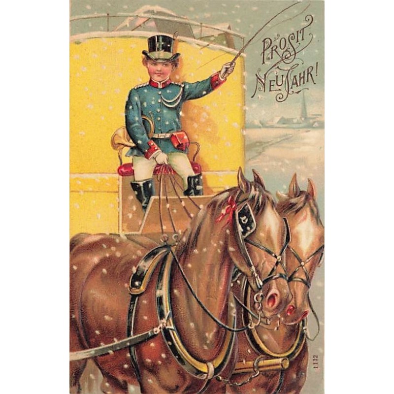 n°27232 - Carte Gaufrée - Nouvel An - Prosit Neujahr - Cocher et ses chevaux