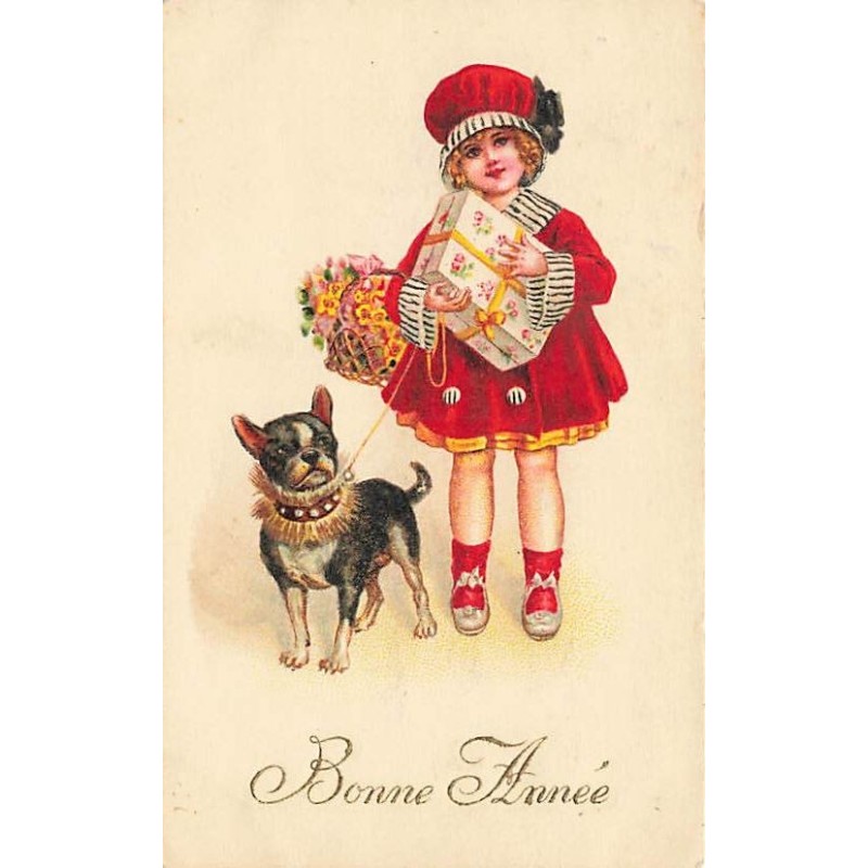 n°27234 - Bonne Année - Fillette portant un cadeau se promenant avec un chien - Bouledogue Français