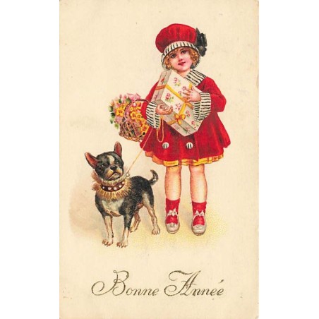 n°27234 - Bonne Année - Fillette portant un cadeau se promenant avec un chien - Bouledogue Français