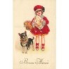 n°27234 - Bonne Année - Fillette portant un cadeau se promenant avec un chien - Bouledogue Français