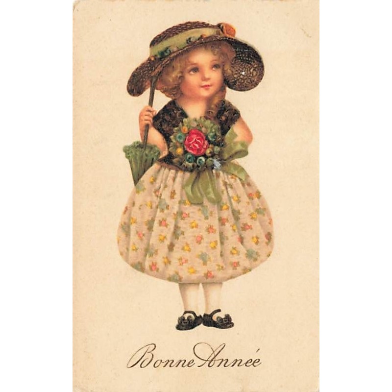 n°27235 - Bonne Année - Clapsaddle - Fillette tenant une ombrelle et portant un chapeau