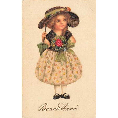 n°27235 - Bonne Année - Clapsaddle - Fillette tenant une ombrelle et portant un chapeau