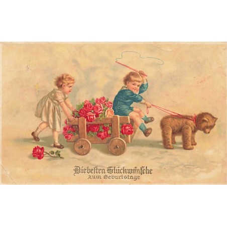 n°27237 - Anniversaire - Enfants dans une petite charette remplie de roses tirée par un ours en peluche - Teddy Bear