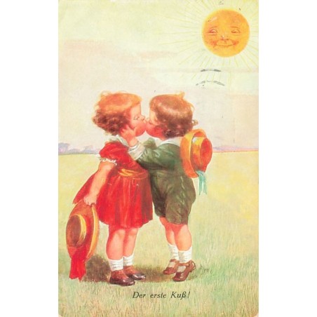 n°27241 - Fantaisie - Der erste Kub - Garçon embrassant une fillette sous un soleil humanisé