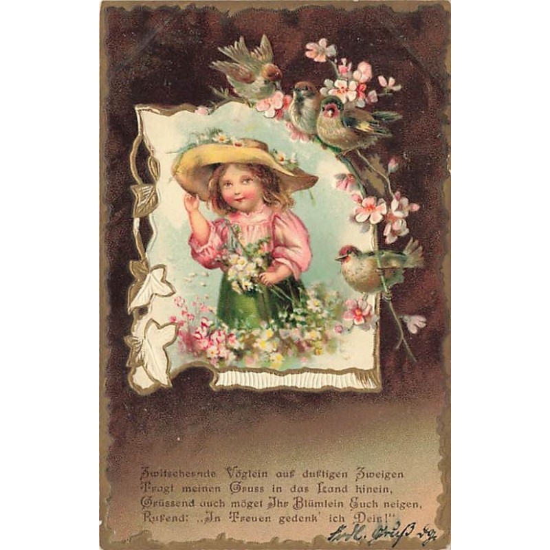 n°27247 - Carte Gaufrée - Clapsaddle - Fillette près d'oiseaux