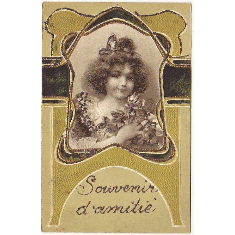 n°27250 - Carte avec des paillettes - Clapsaddle - Souvenir d'Amitié - Fillette avec des roses