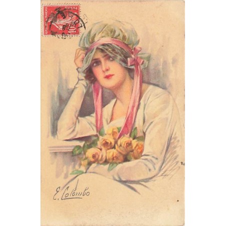 n°27251 - Illustrateur - E. Colombo - Jeune femme assise avec des roses dans les bras