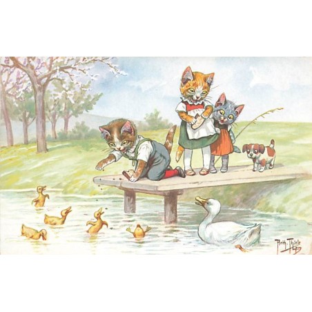 n°27261 - Illustrateur - Arthur Thiele - Chats habillés donnant à manger à des canards