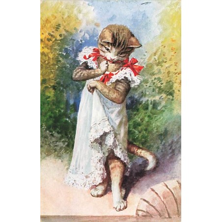 n°27262 - Illustrateur - Chat habillé avec une chemise de nuit
