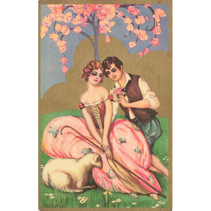 n°27264 - Illustrateur - Chiostri - Une couple sous un arbre, le jeune homme offrant des fleurs, avec un mouton