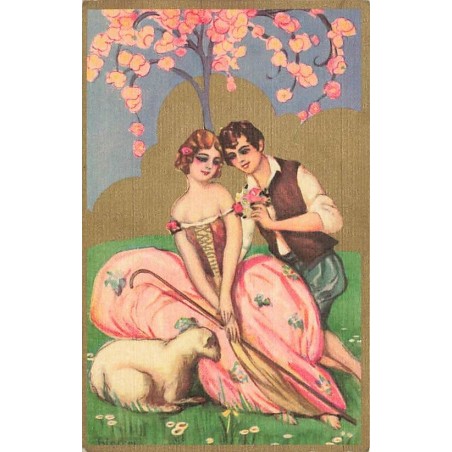 n°27264 - Illustrateur - Chiostri - Une couple sous un arbre, le jeune homme offrant des fleurs, avec un mouton