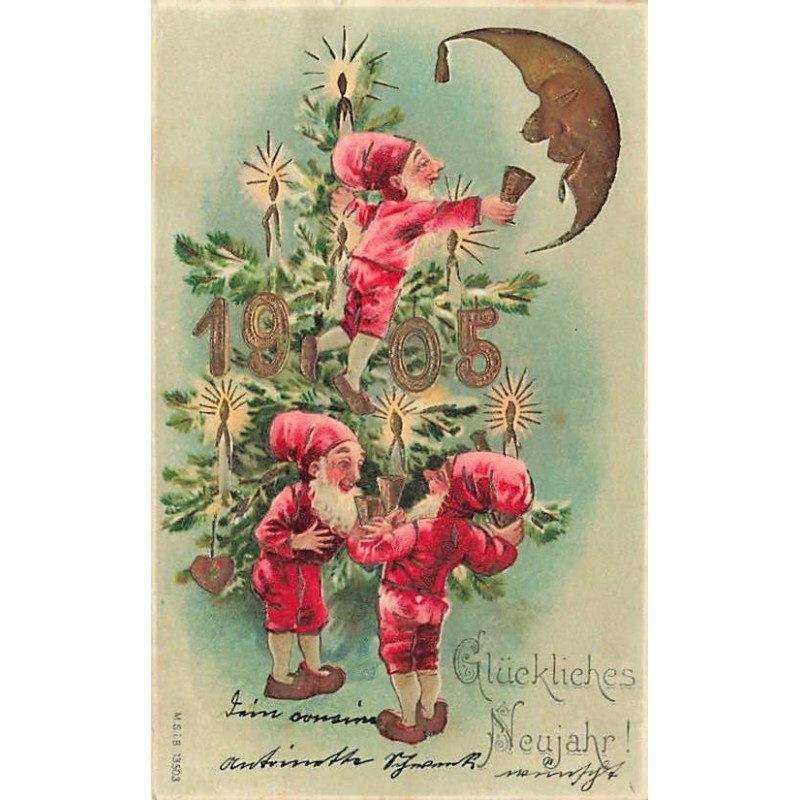 n°27268 - Carte Gaufrée - MSIB 13503 - Glückliwhes Neujahr 1905 - Nains trinquant, l'un avec la lune
