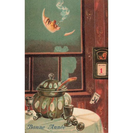 n°27270 - Carte Gaufrée - Bonne Année - Soupière sur une table, et lune humanisée fumant