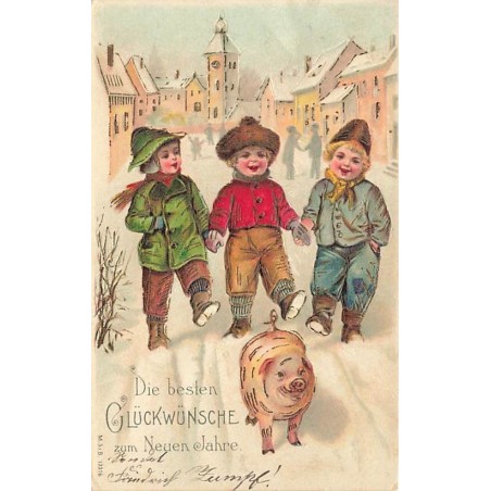 n°27271 - Carte Gaufrée - MSIB 13316 - Nouvel An - Enfants suivant un cochon