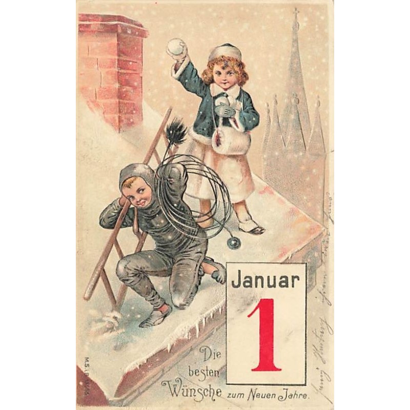 n°27272 - Carte Gaufrée - MSIB 18565 - Nouvel An - Ramoneur et fillette sur un toit