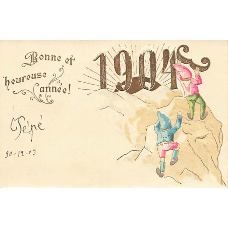 n°27273 - Carte Gaufrée - Bonne et Heureuse Année 1904 - Nains grimpant une montagne