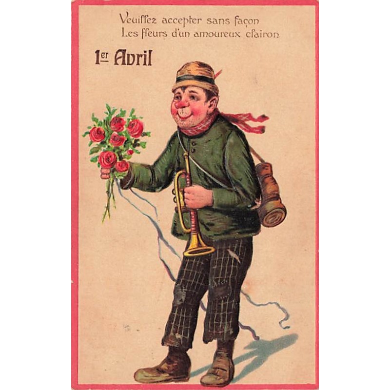 n°27277 - Carte Gaufrée - 1er Avril - Clochard apportant un bouquet de roses